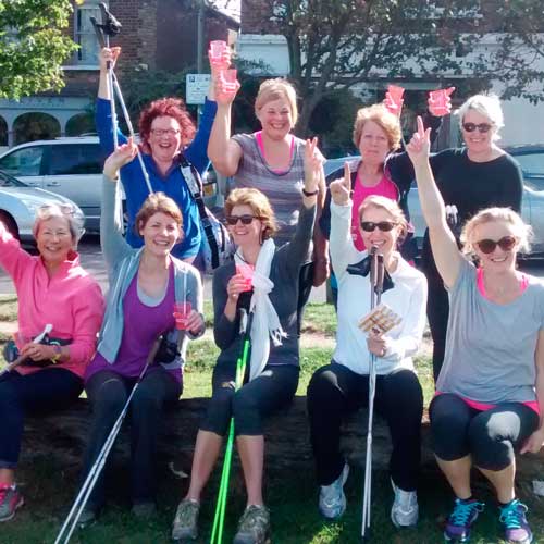 A Ladies nordic walking group have fun and socialise after a healthy nordic walking session